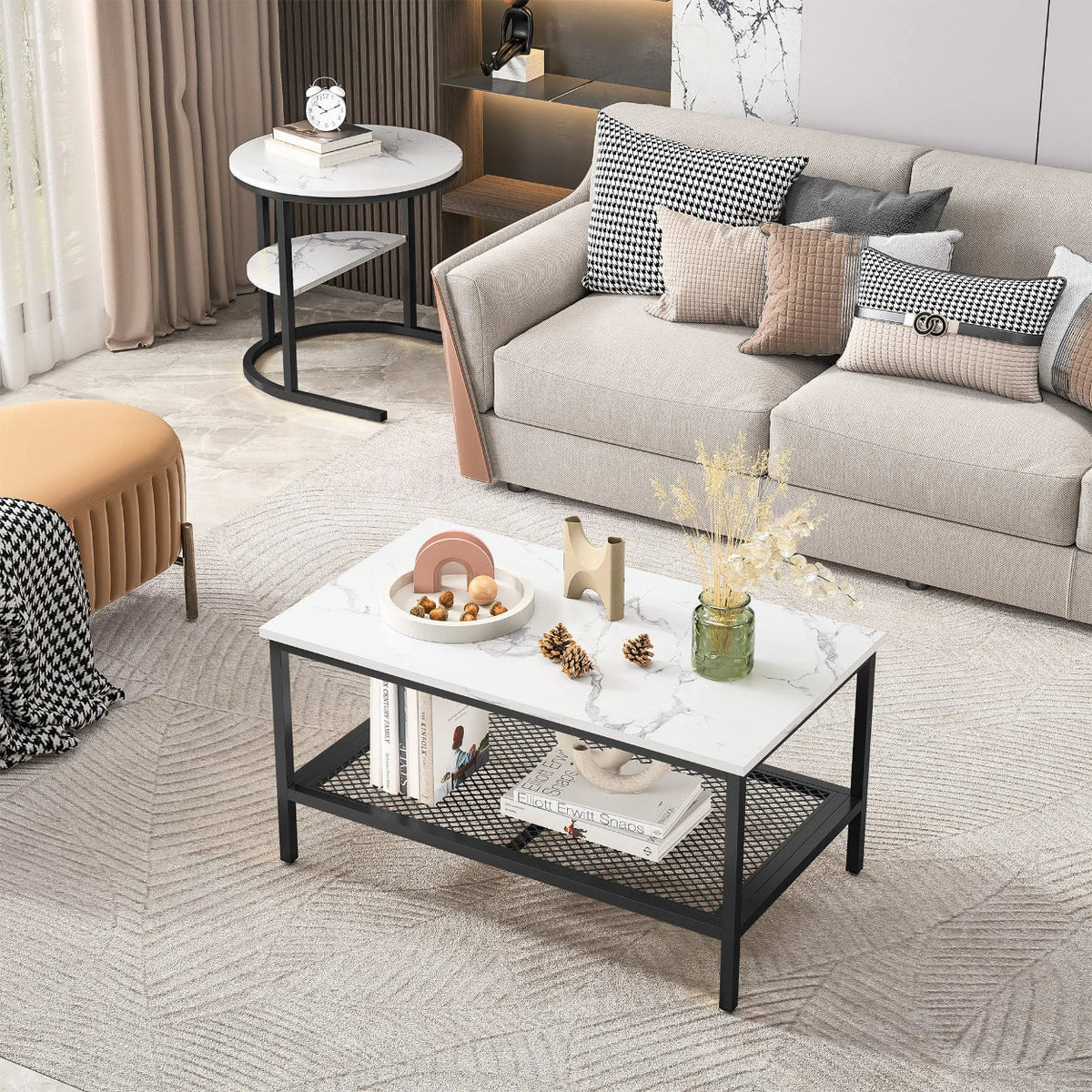 Table basse gigogne effet marbre blanc et métal noir
