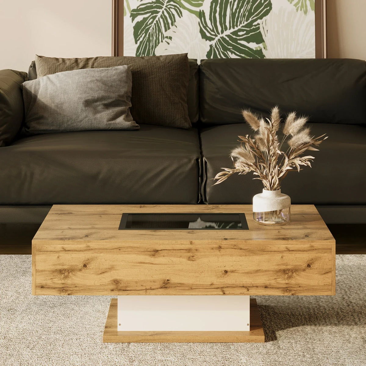 Table basse bois et verre avec LED et 2 tiroirs, 110 cm