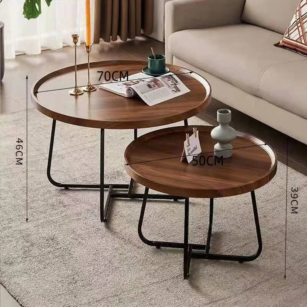 Table basse gigogne ronde finition noyer et métal