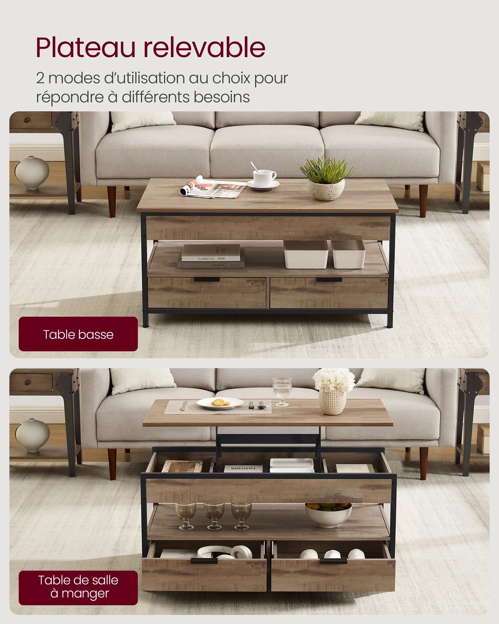 Table basse relevable industrielle avec rangement