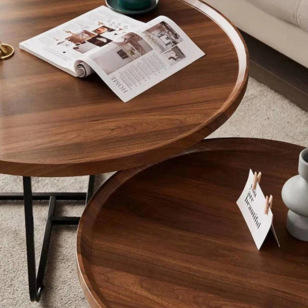 Table basse gigogne ronde finition noyer et métal