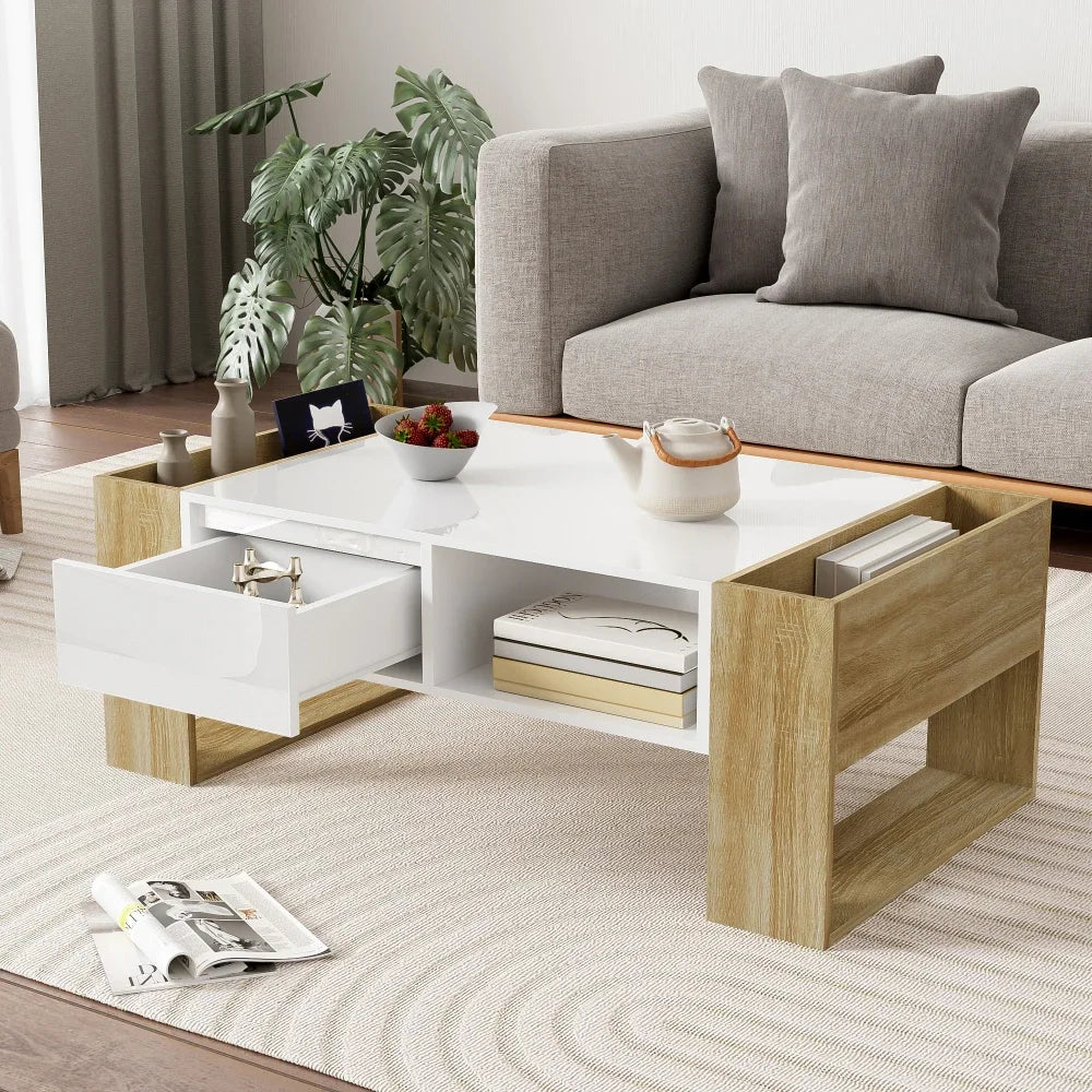 Table basse blanche et bois 105 cm, tiroir et niches