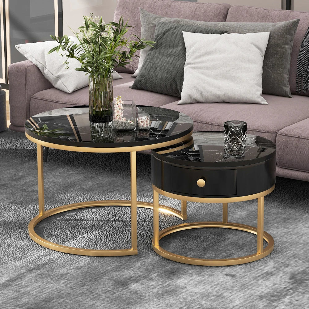 Table basse gigogne ronde effet marbre noir et doré