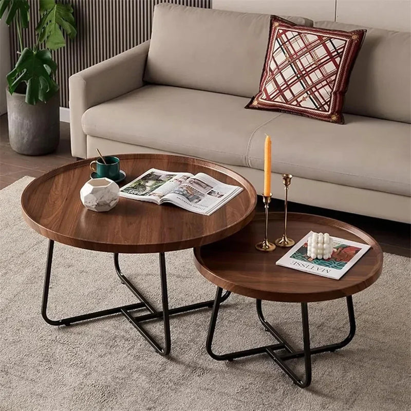 Table basse gigogne ronde finition noyer et métal