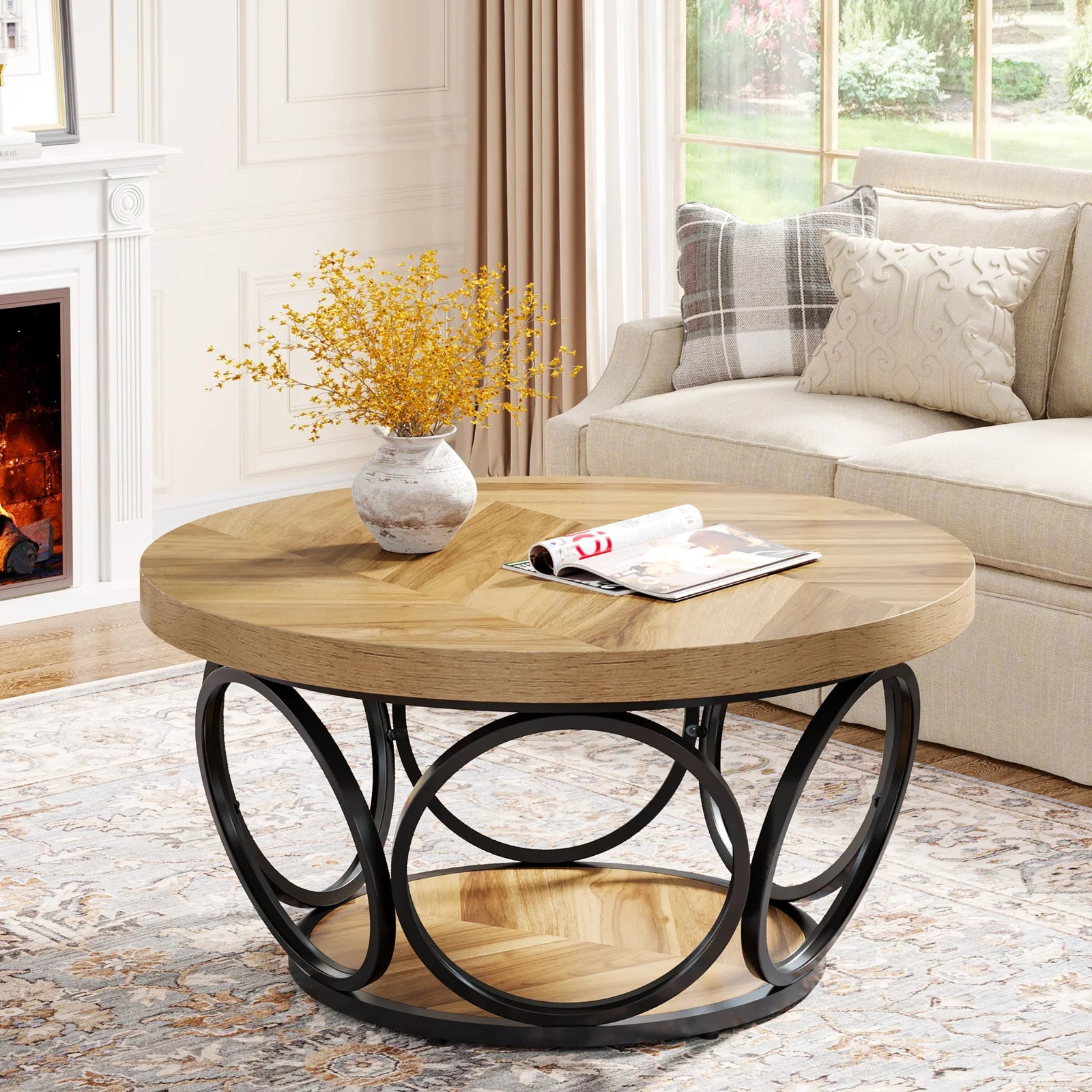 Table basse ronde 80 cm avec étagère, bois et métal