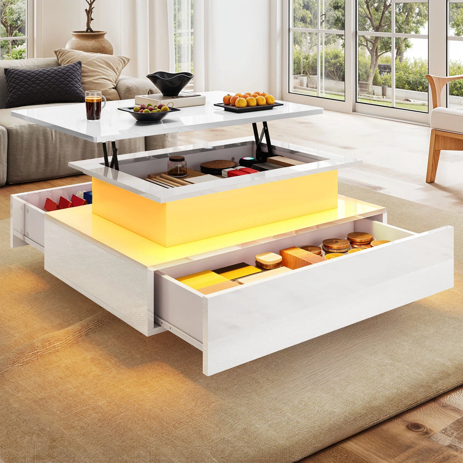 Table basse relevable moderne avec LED et tiroirs