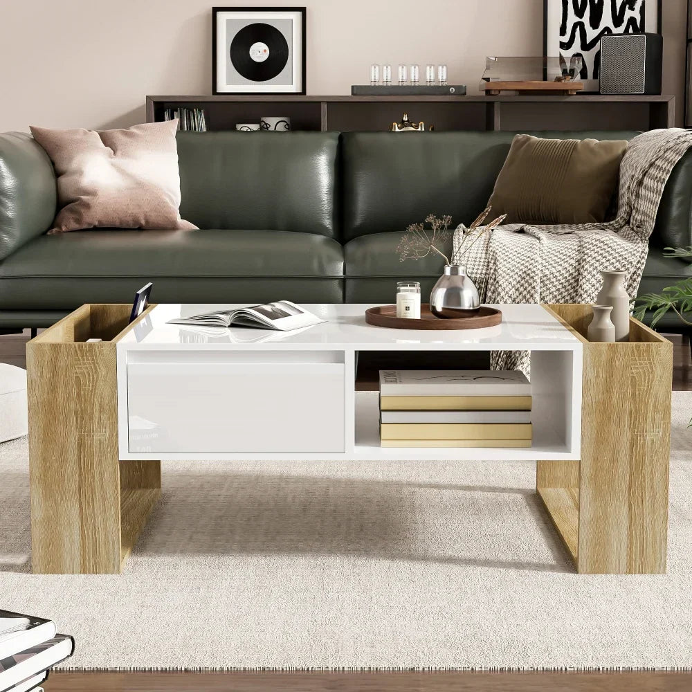 Table basse blanche et bois 105 cm, tiroir et niches