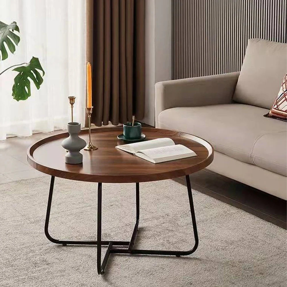 Table basse gigogne ronde finition noyer et métal