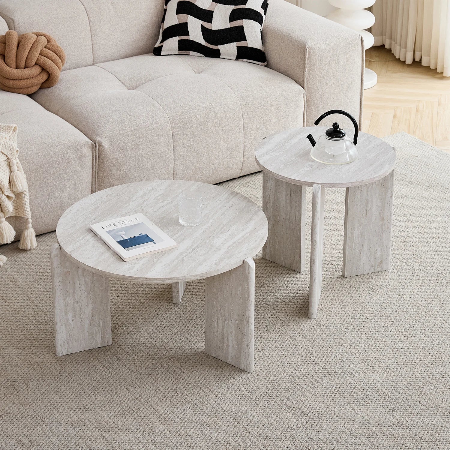 Table basse gigogne ronde bois clair ou gris scandinave