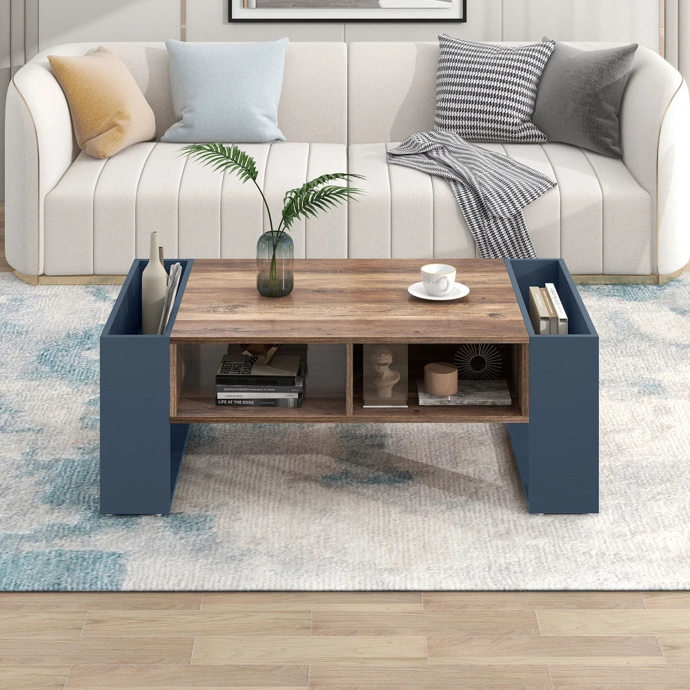 Table basse bois et bleu profond 105 cm avec tiroir