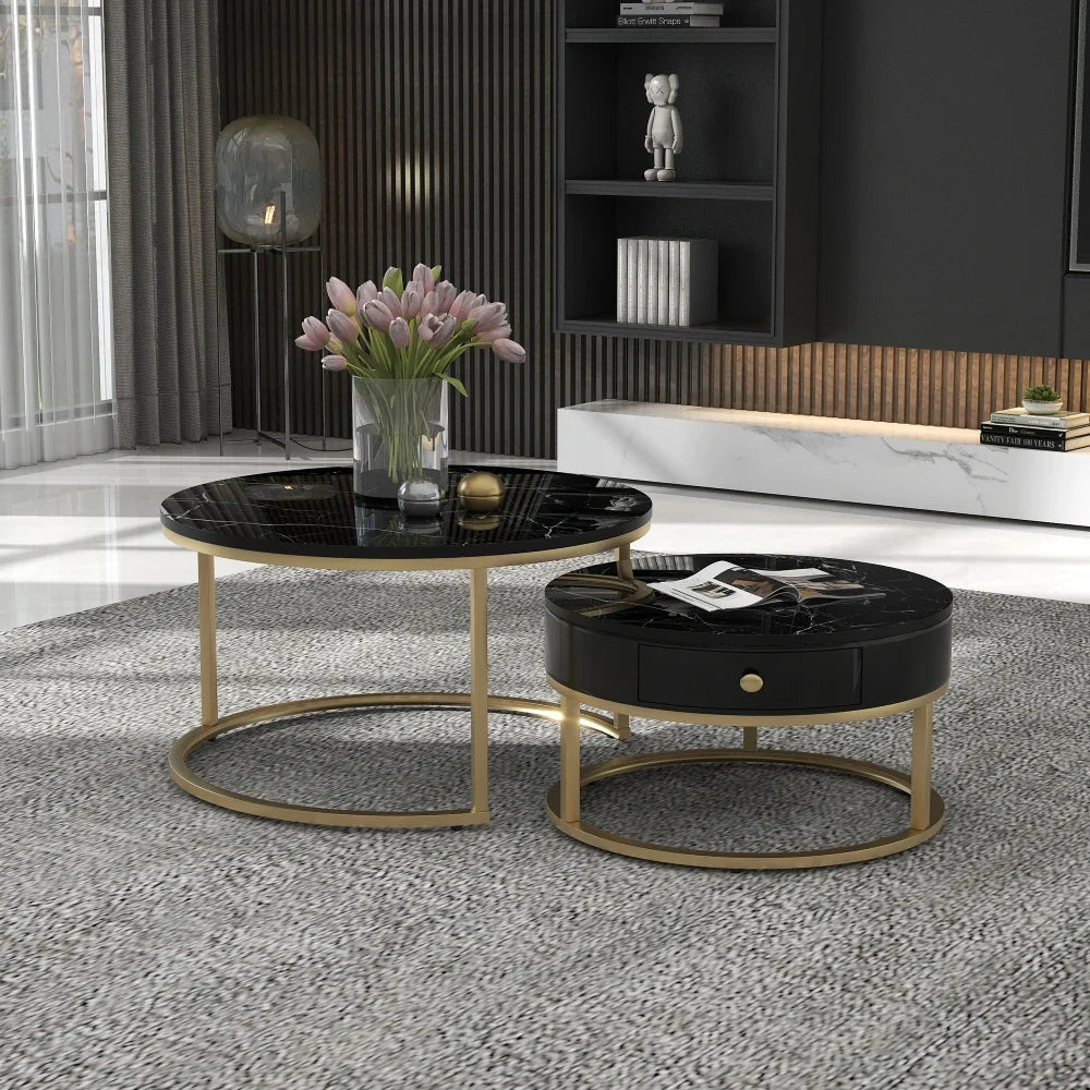 Table basse gigogne ronde effet marbre noir et doré