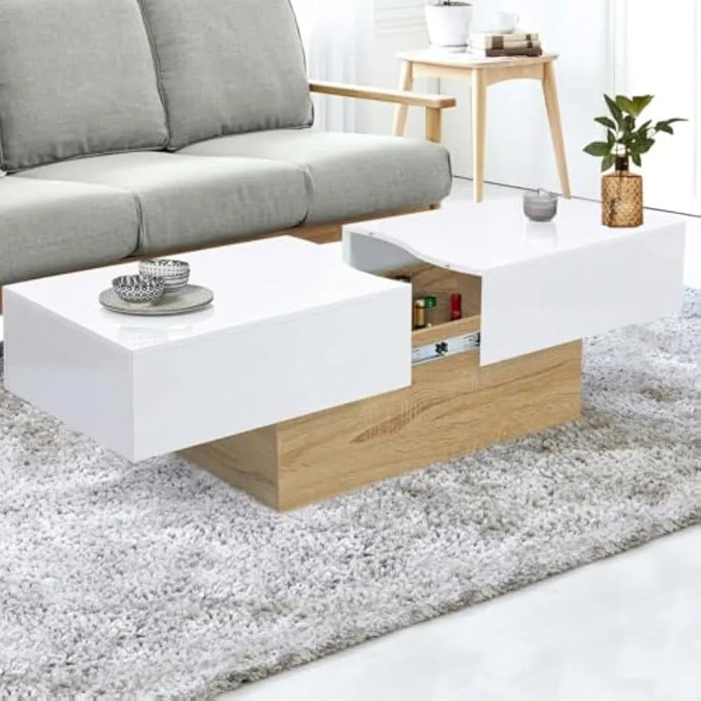 Table basse 120 cm blanche et bois à plateau coulissant