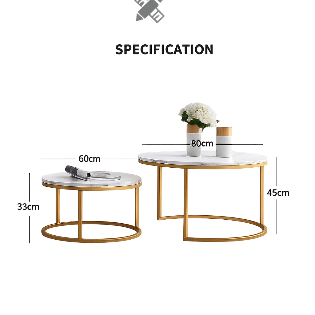 Table basse gigogne ronde effet marbre blanc et doré