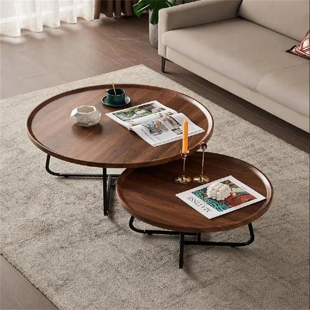 Table basse gigogne ronde finition noyer et métal