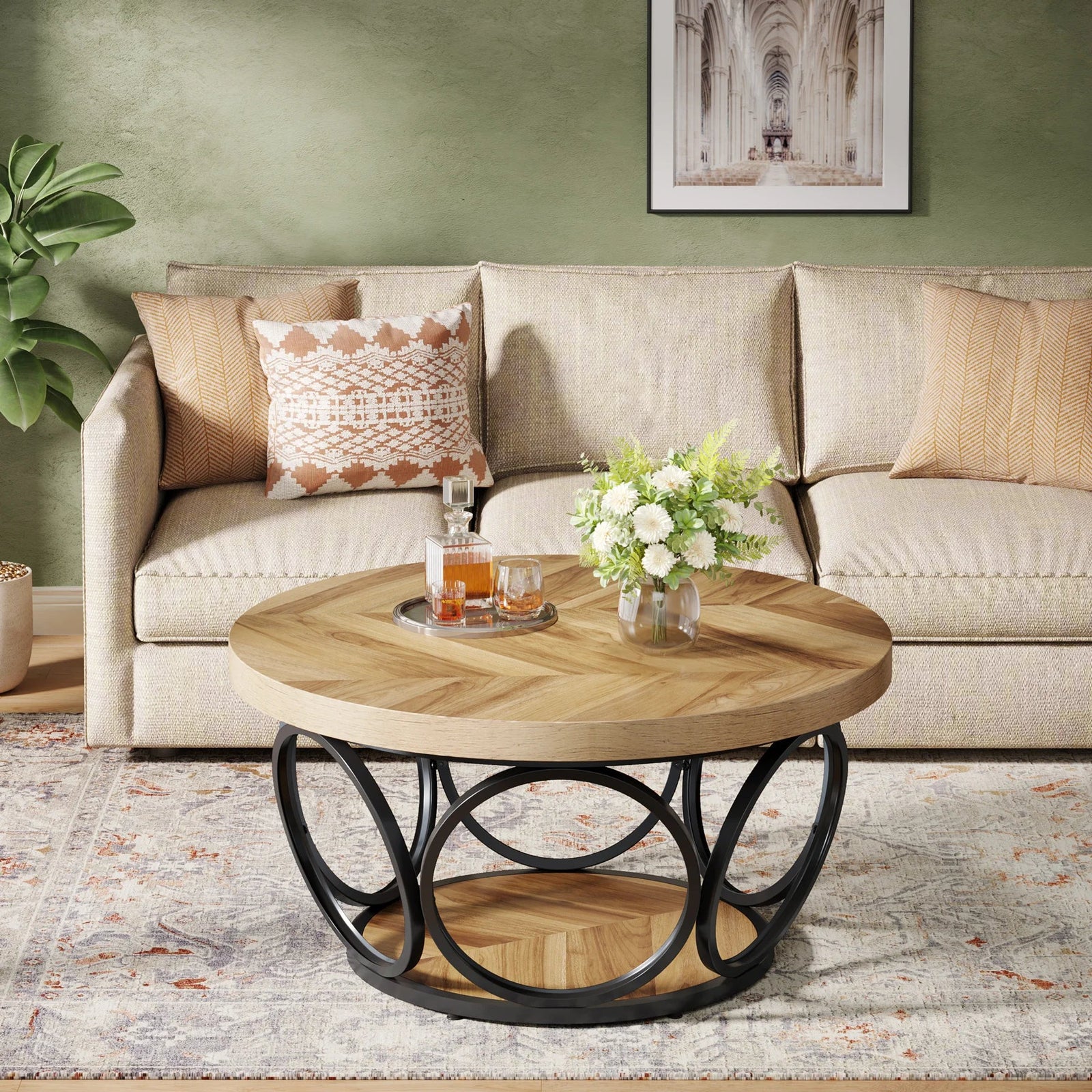 Table basse ronde 80 cm avec étagère, bois et métal