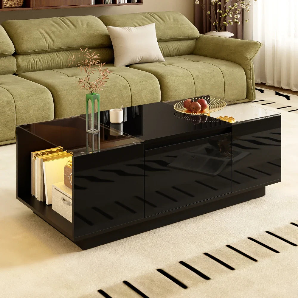 Table basse moderne en verre avec LED et rangements