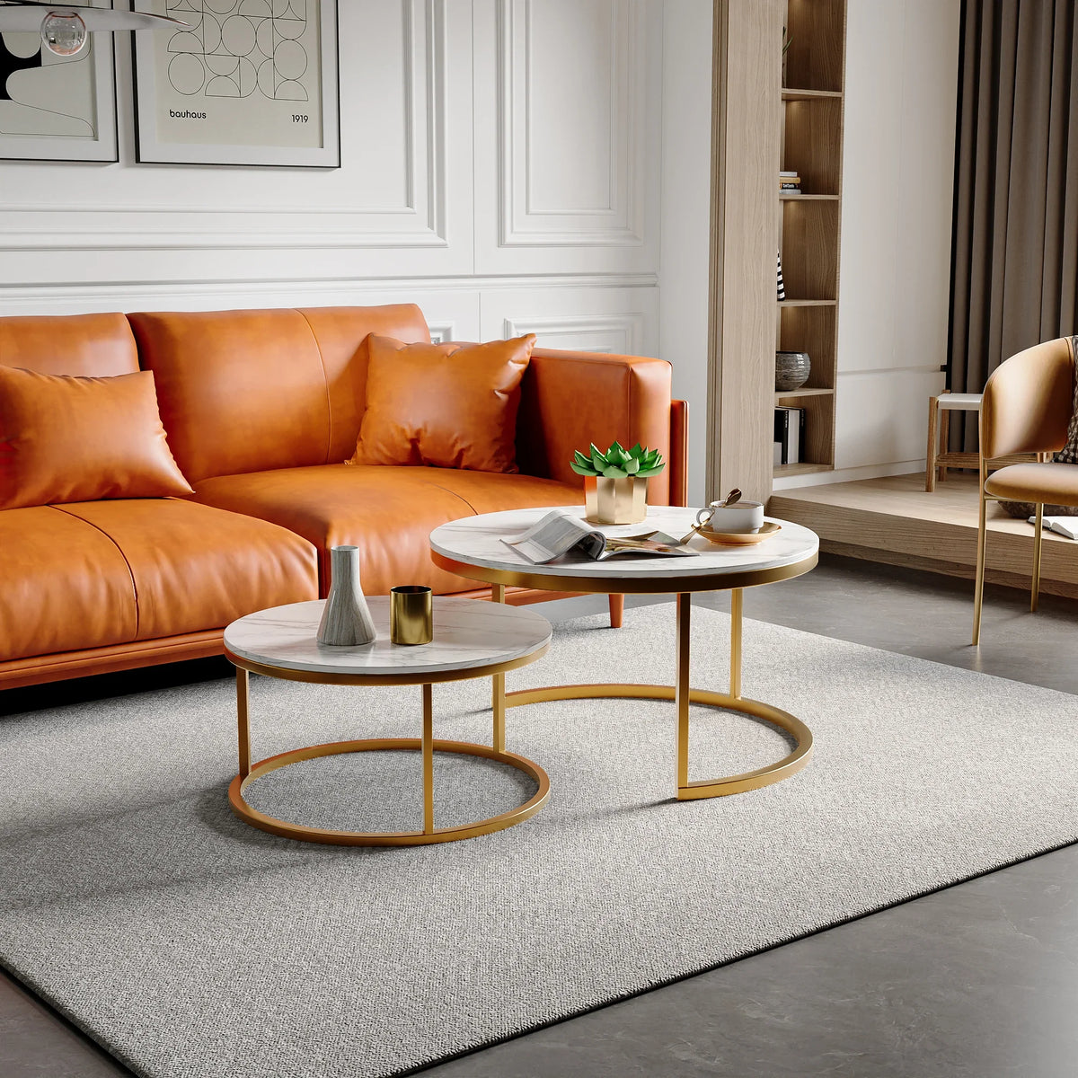 Table basse gigogne ronde effet marbre blanc et doré