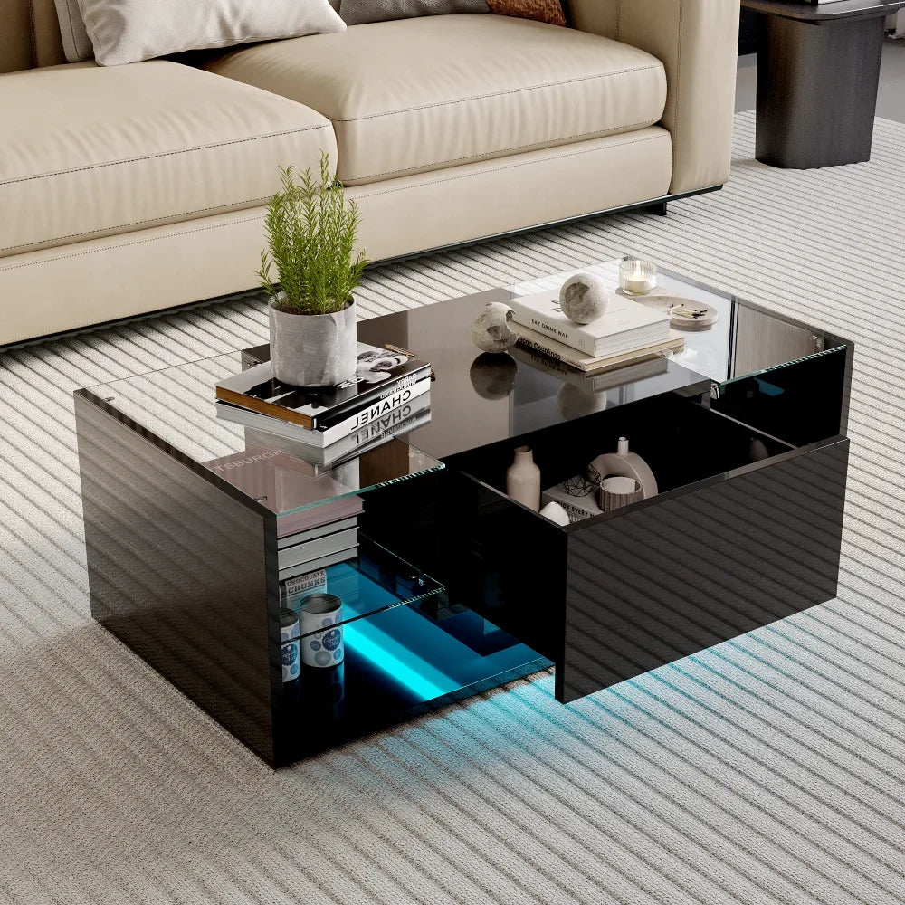 Table basse noire 100 cm, verre trempé et LED connectée