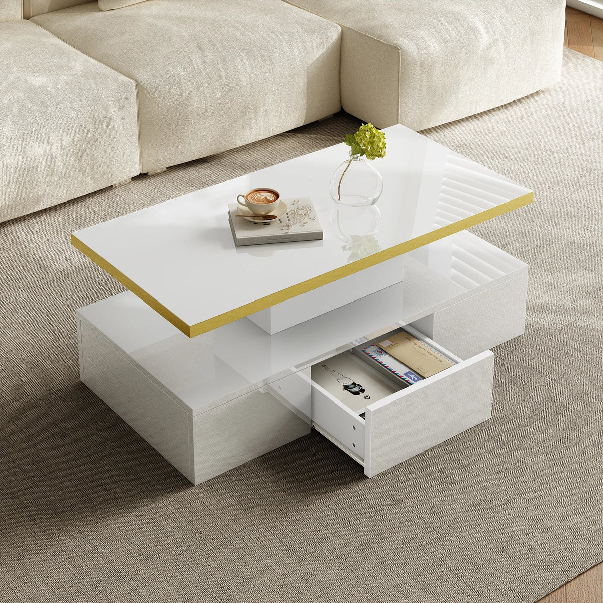 Table basse laquée à 2 niveaux avec tiroir et LED