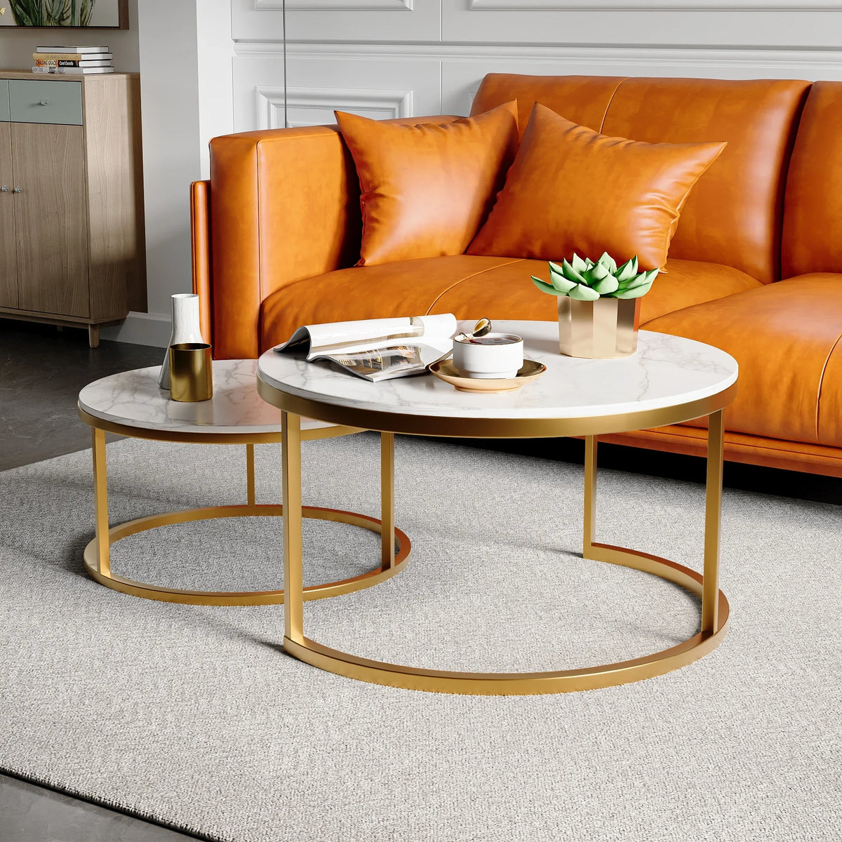 Table basse gigogne ronde effet marbre blanc et doré