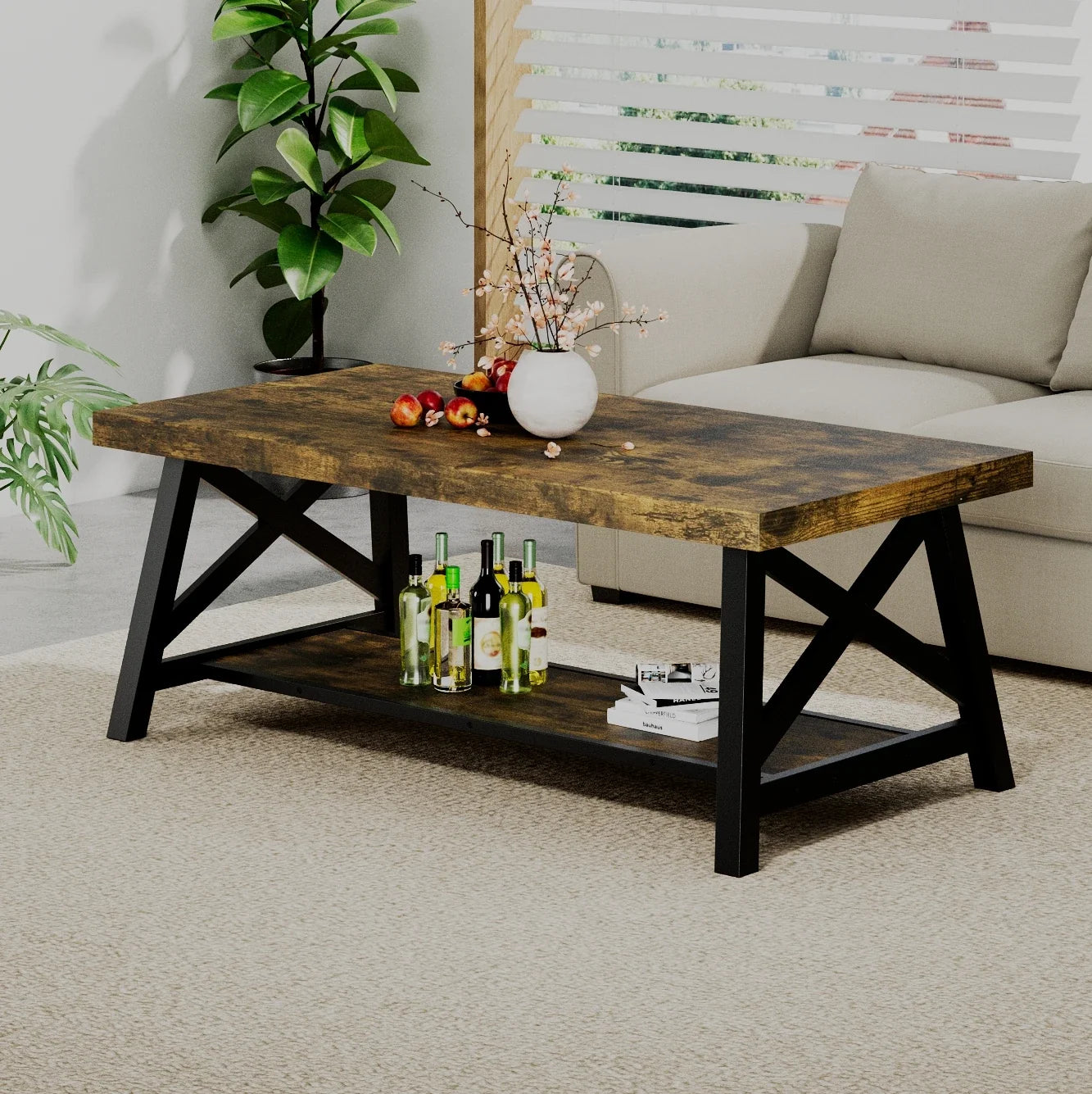 Table basse rectangulaire en bois et métal vintage avec rangement