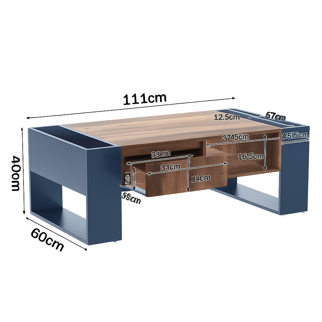 Table basse bois et bleu profond 105 cm avec tiroir