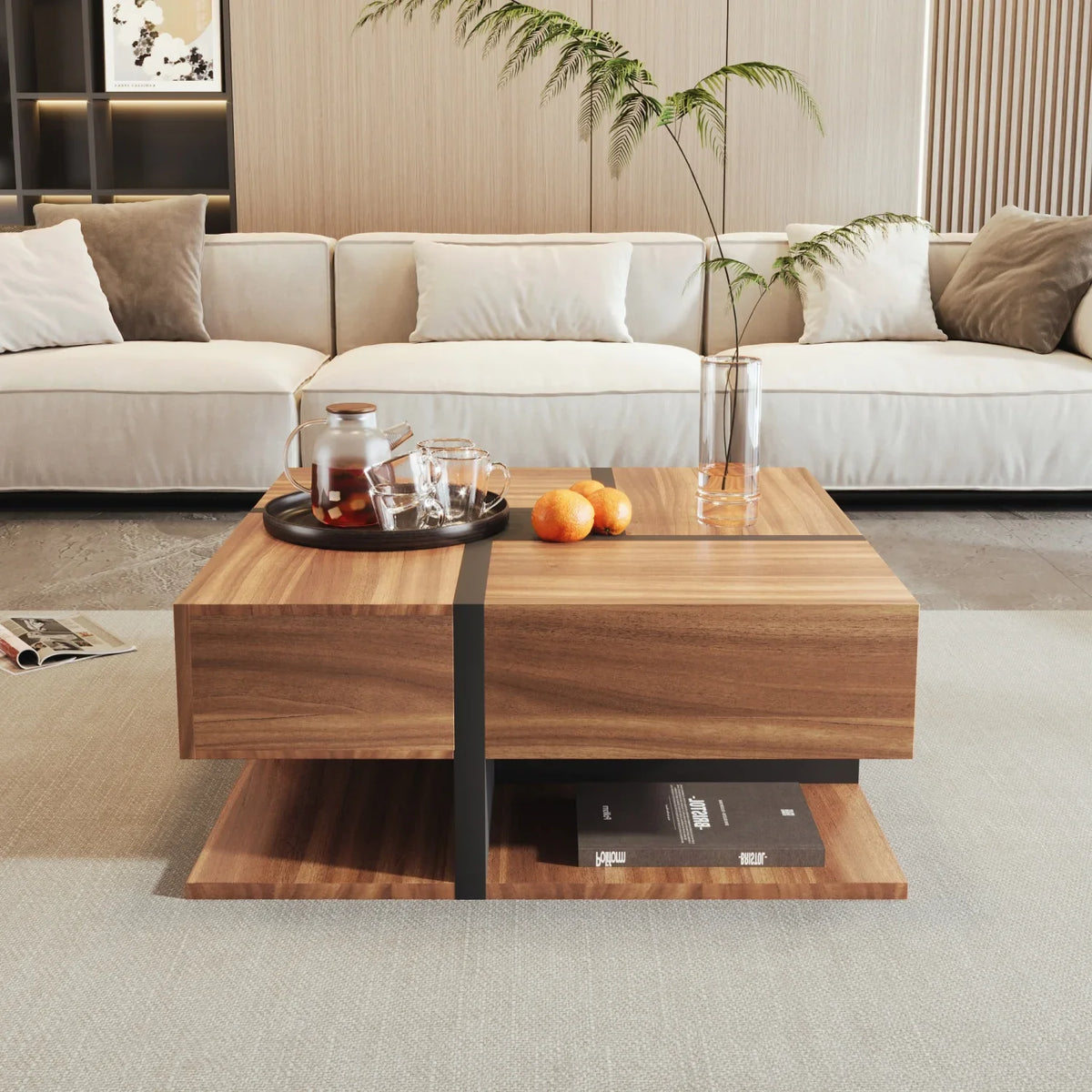 Table basse carrée bois et noir avec tiroirs de rangement