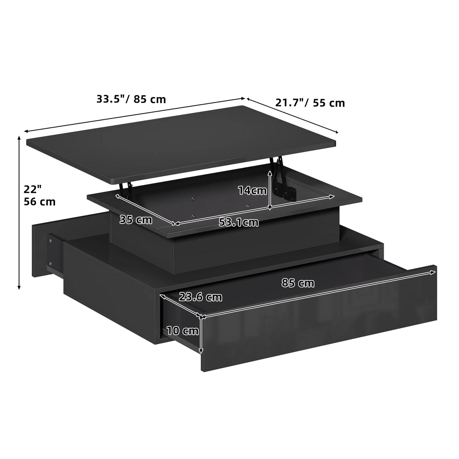 Table basse relevable rectangulaire bois avec éclairage LED