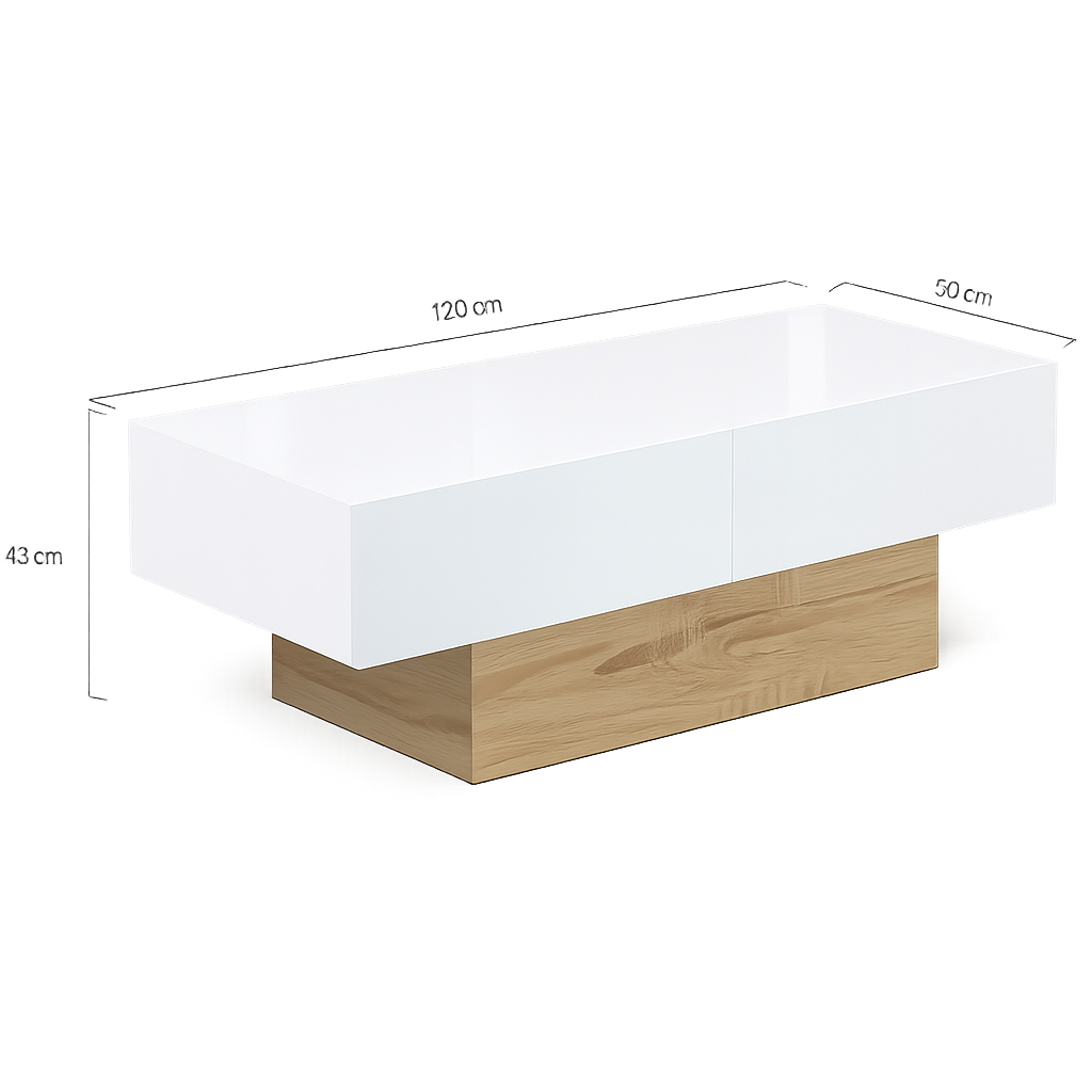 Table basse 120 cm blanche et bois à plateau coulissant
