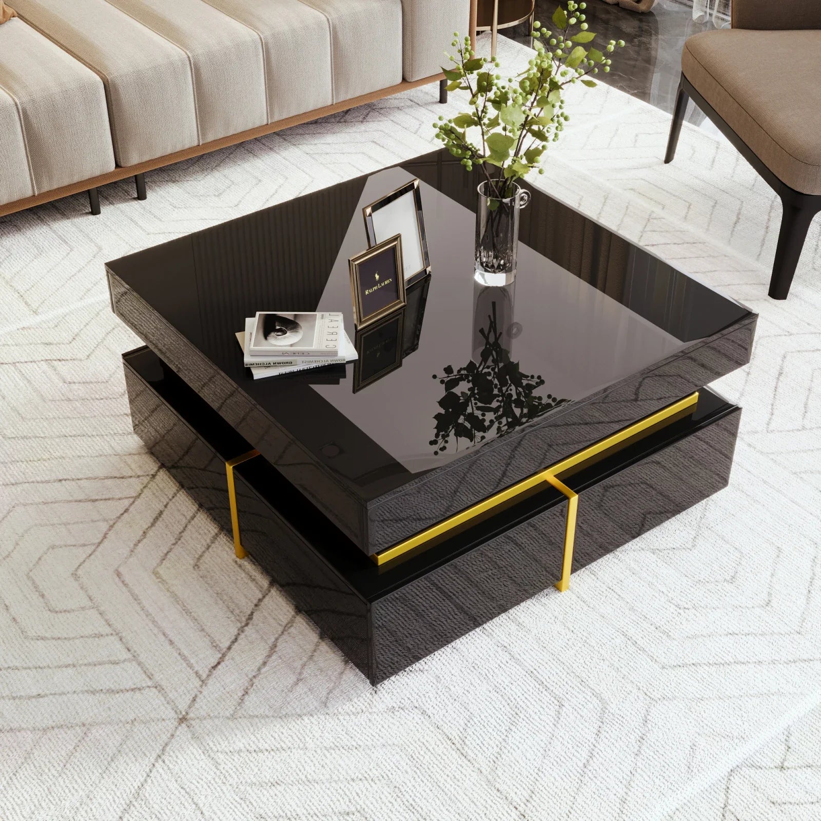 Table basse carrée noire et dorée avec rangements design
