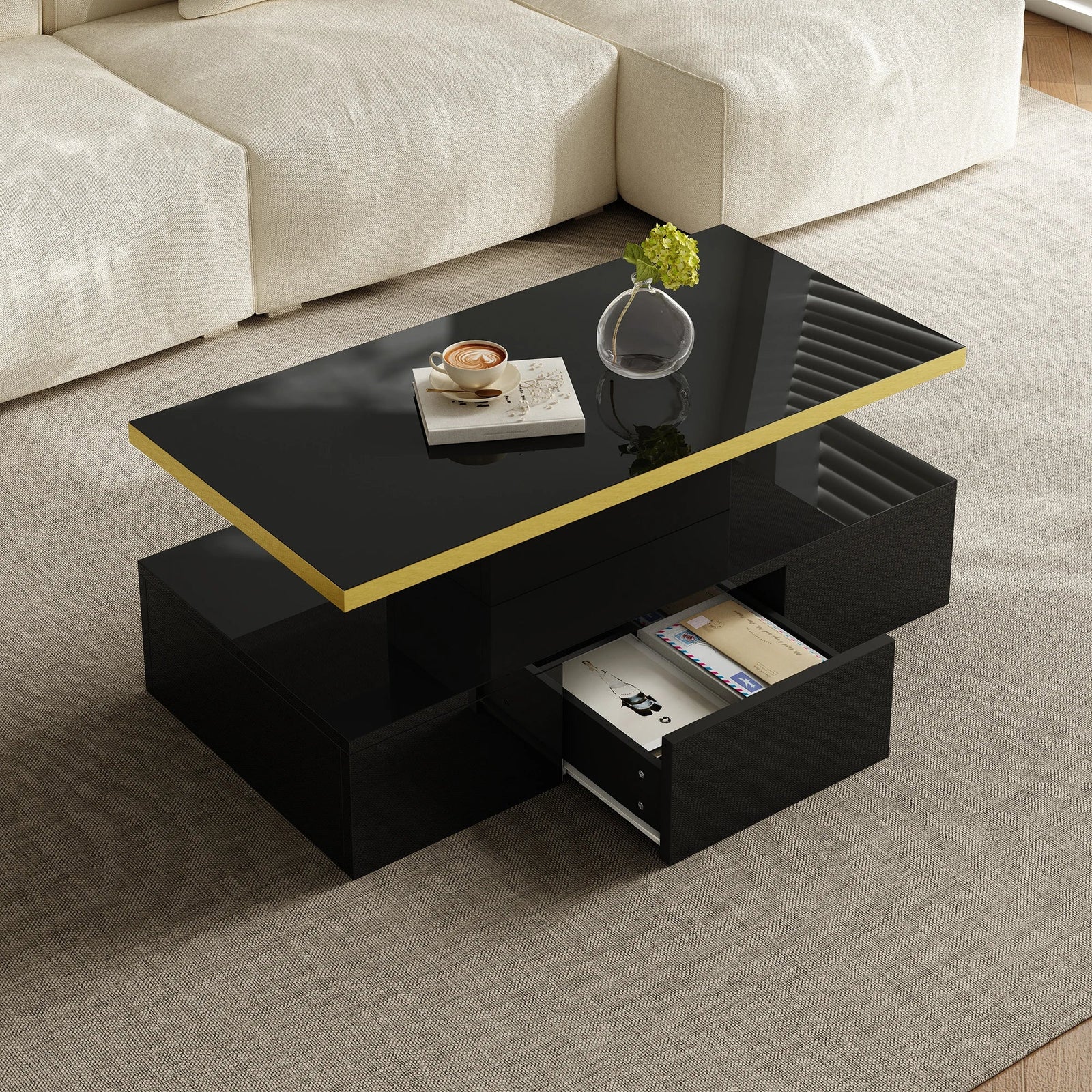 Table basse laquée à 2 niveaux avec tiroir et LED