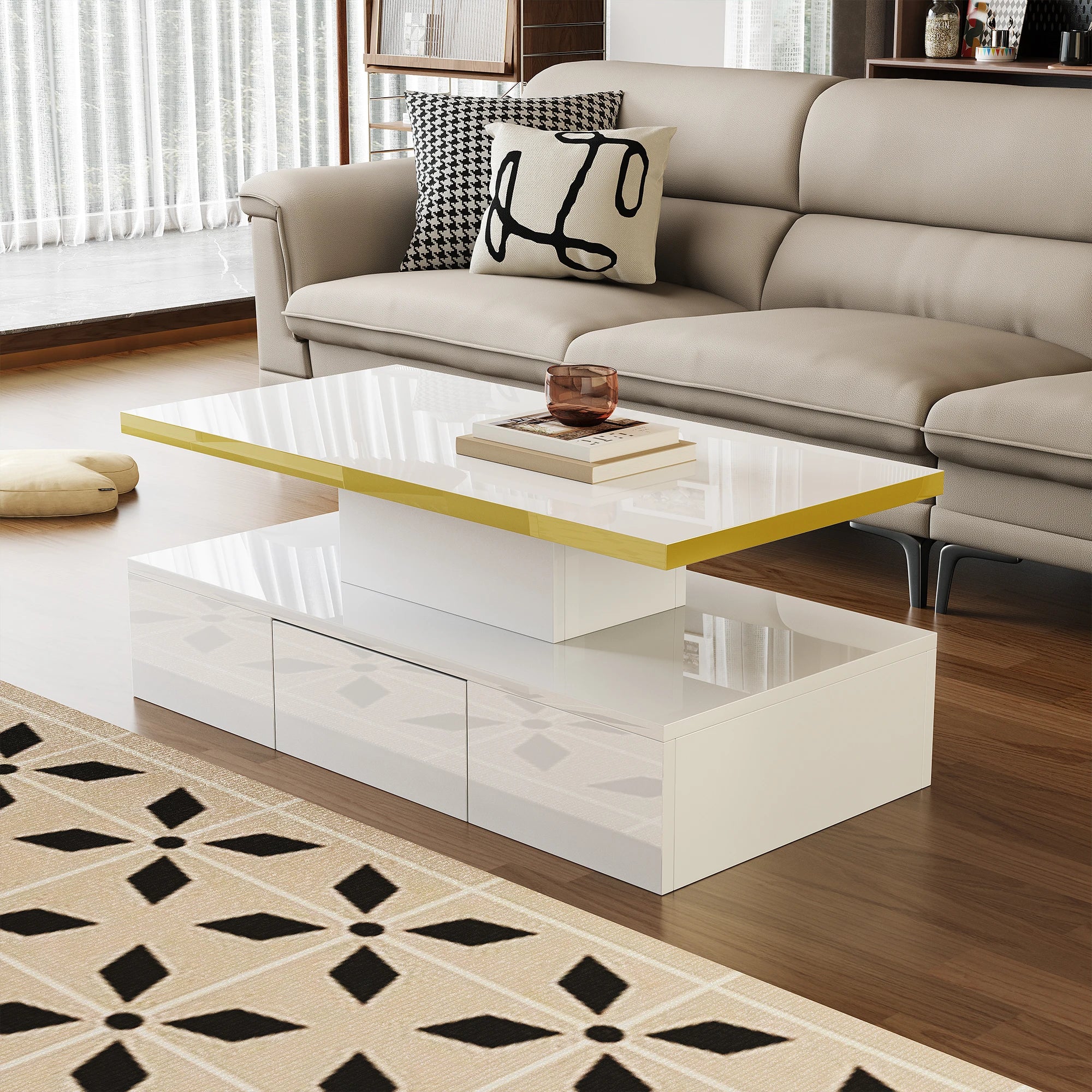 Table basse laquée à 2 niveaux avec tiroir et LED