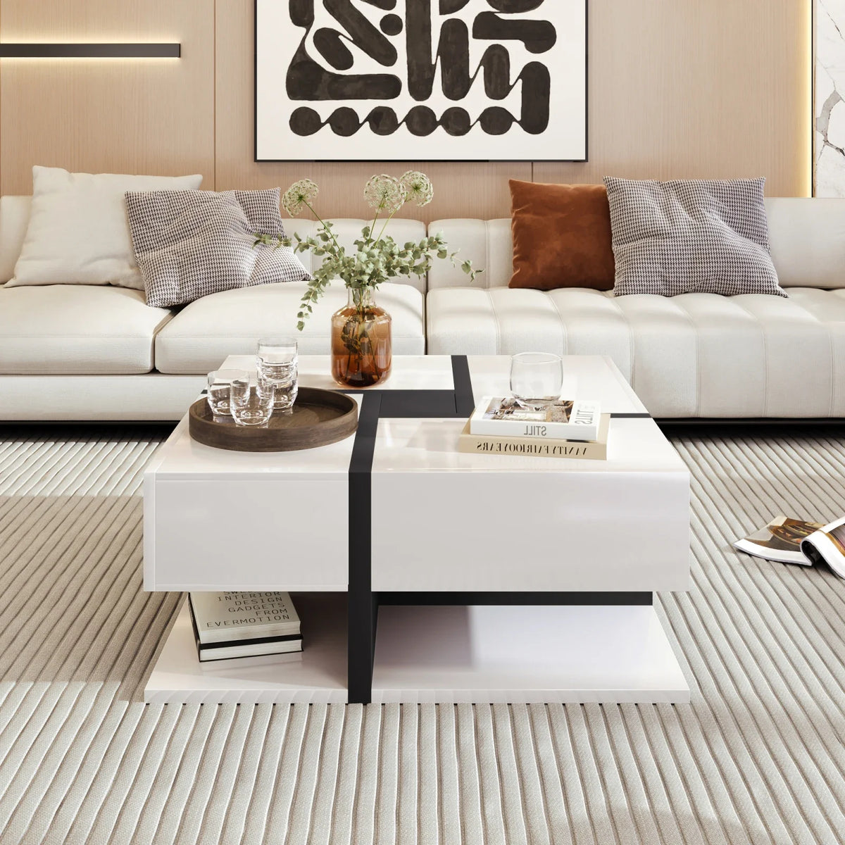 Table basse carrée moderne noire et blanche avec rangements
