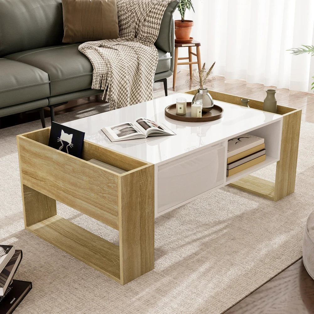Table basse blanche et bois 105 cm, tiroir et niches