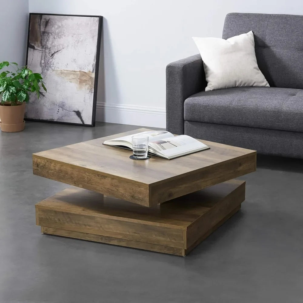 Table basse carrée avec plateau pivotant et plateau inférieur