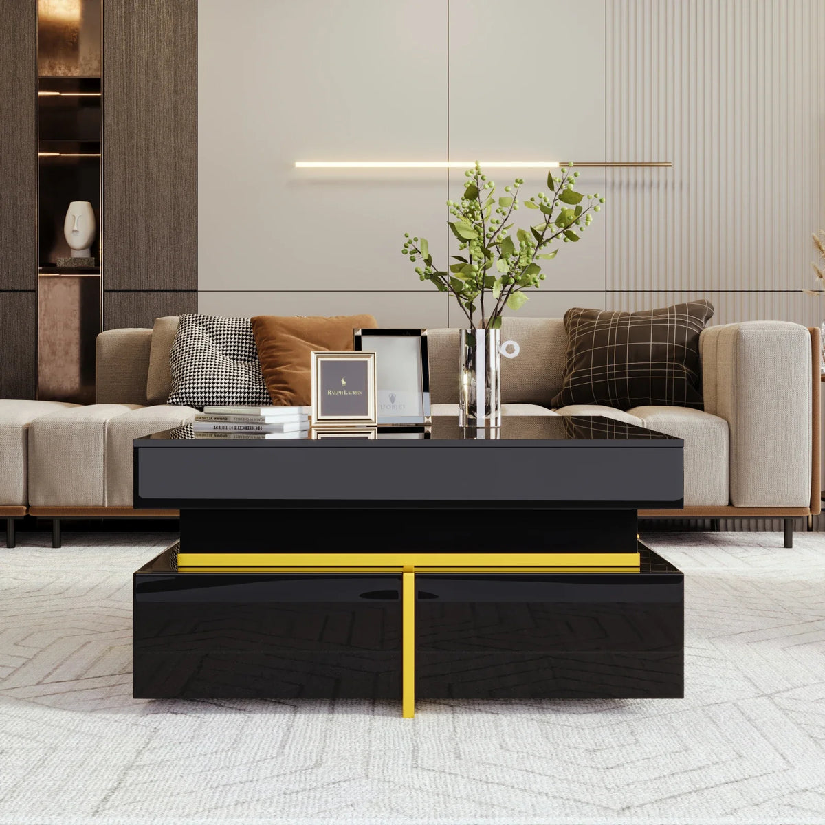 Table basse carrée noire et dorée avec rangements design