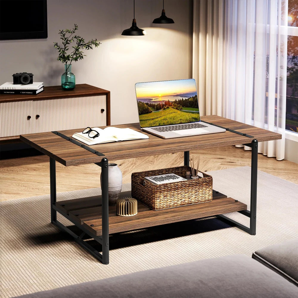 Table basse rectangulaire au style industriel noyer
