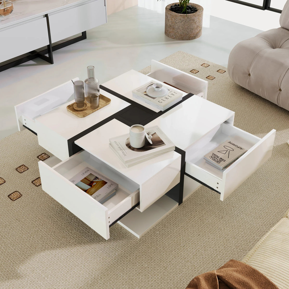 Table basse carrée moderne noire et blanche avec rangements