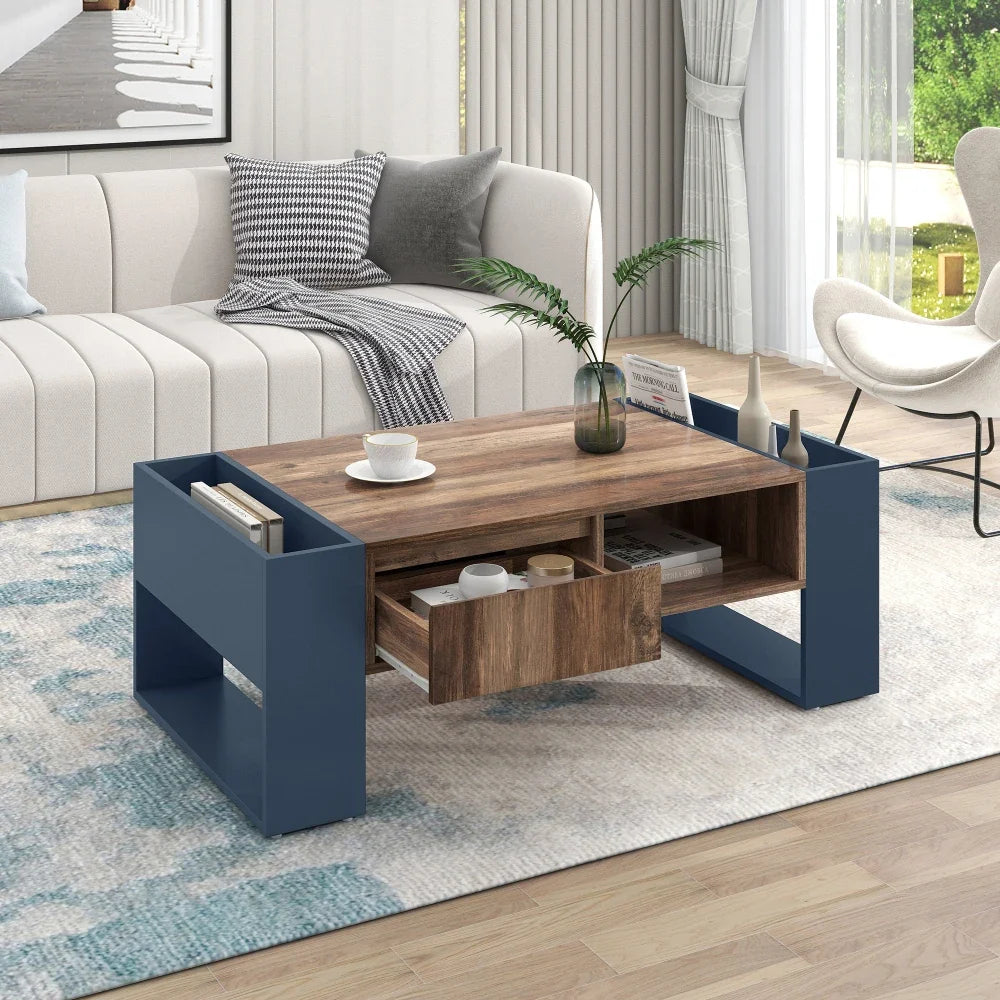 Table basse bois et bleu profond 105 cm avec tiroir