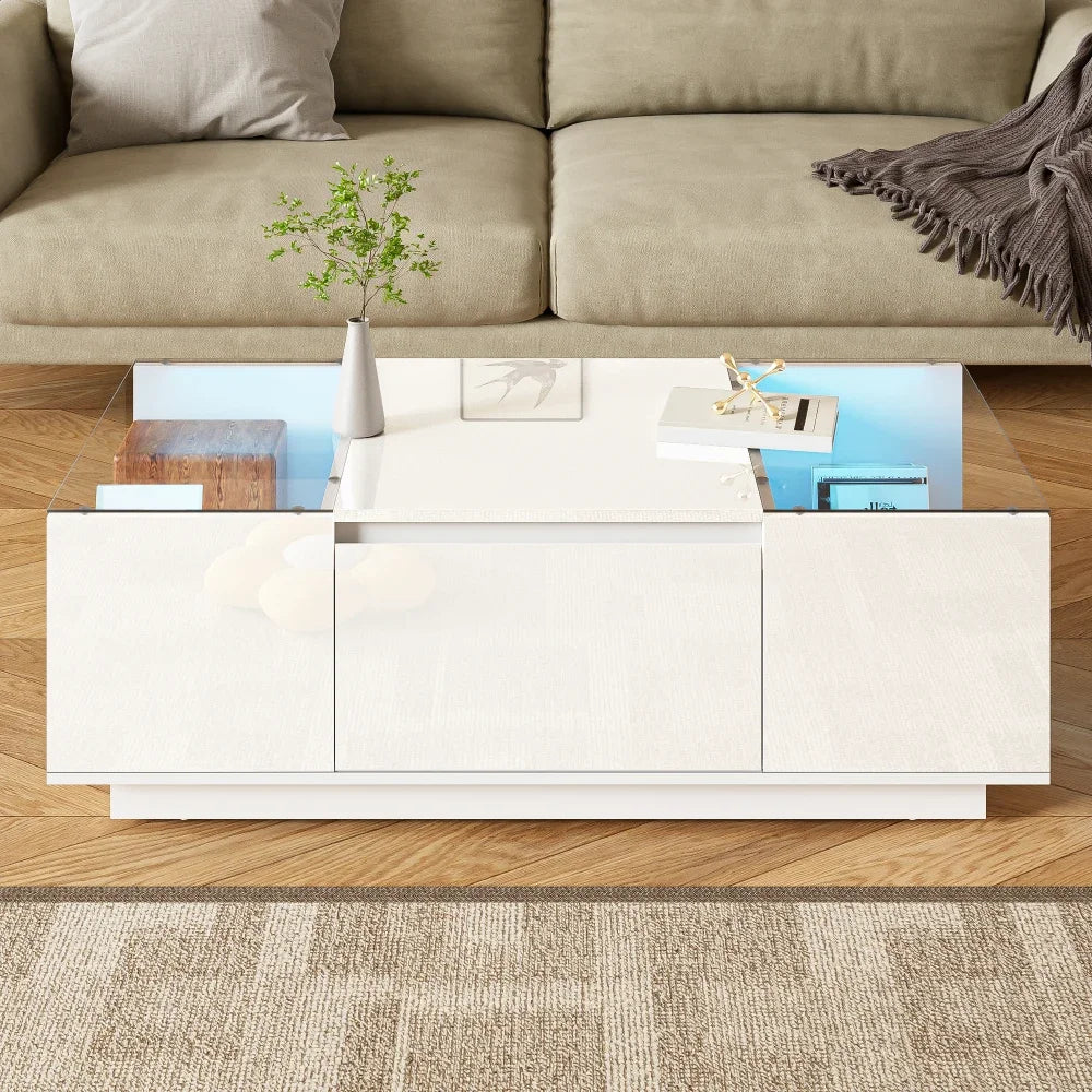 Table basse moderne en verre avec LED et rangements