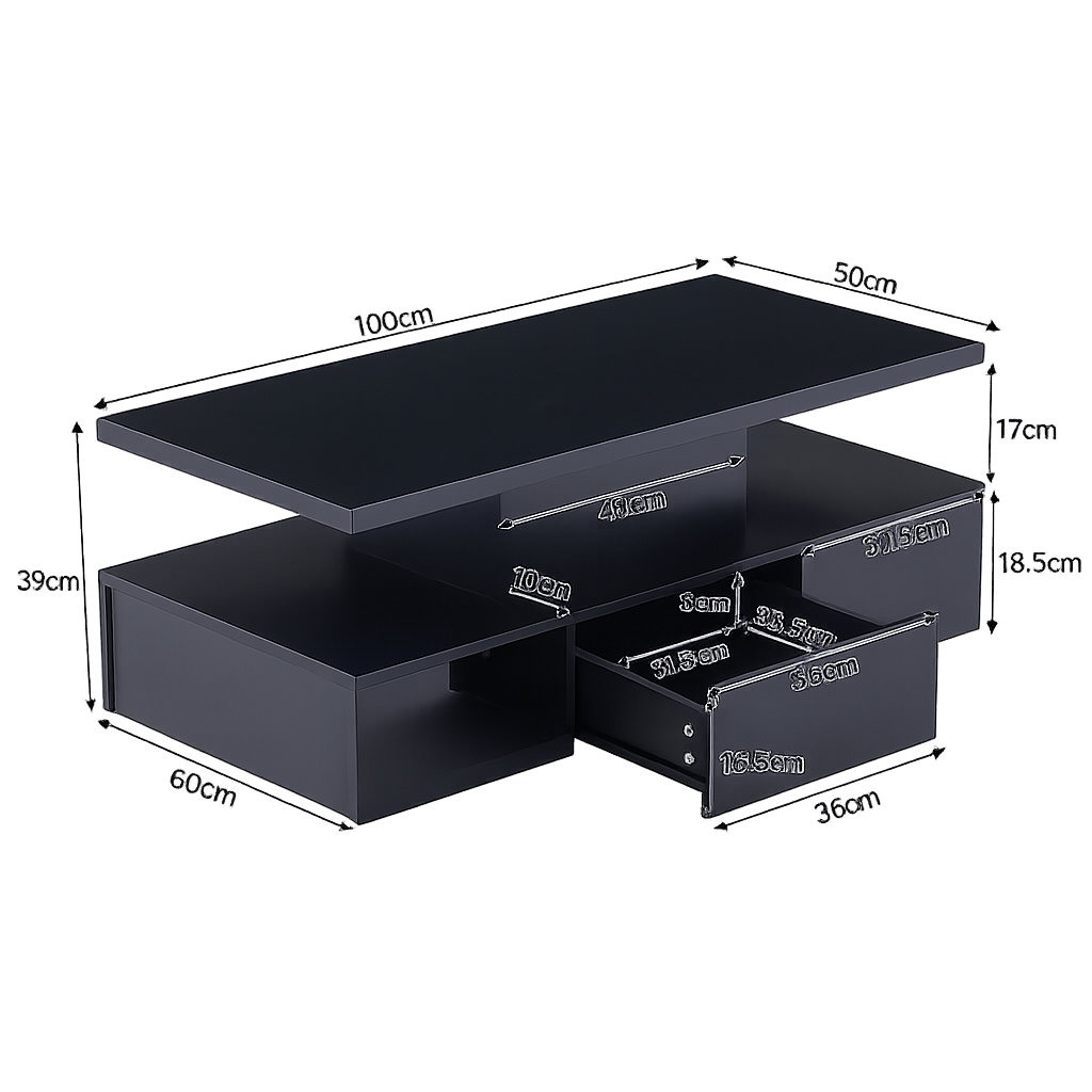 Table basse noire double plateau, LED 16 couleurs