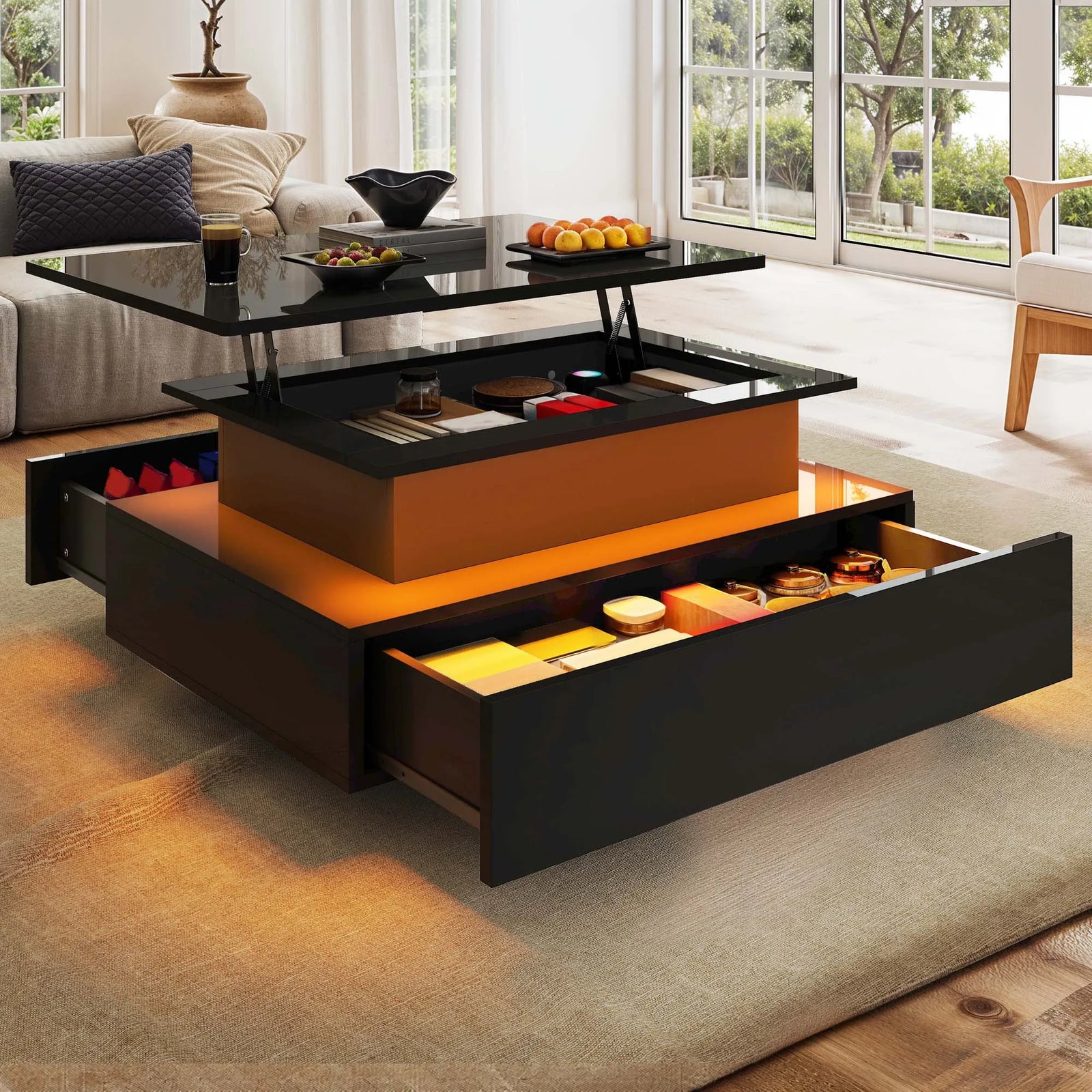 Table basse relevable rectangulaire bois avec éclairage LED