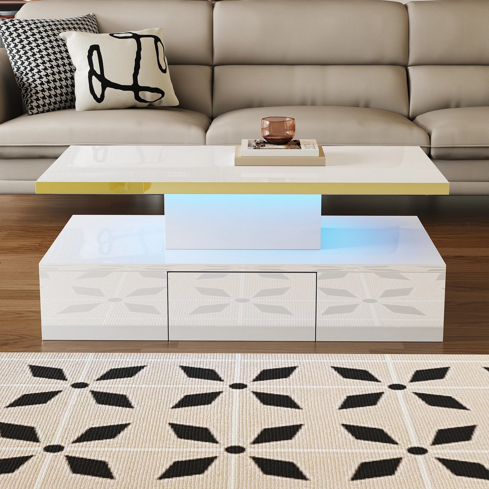 Table basse laquée à 2 niveaux avec tiroir et LED