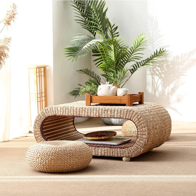 Table basse ovale en rotin naturel pour salon et espace détente