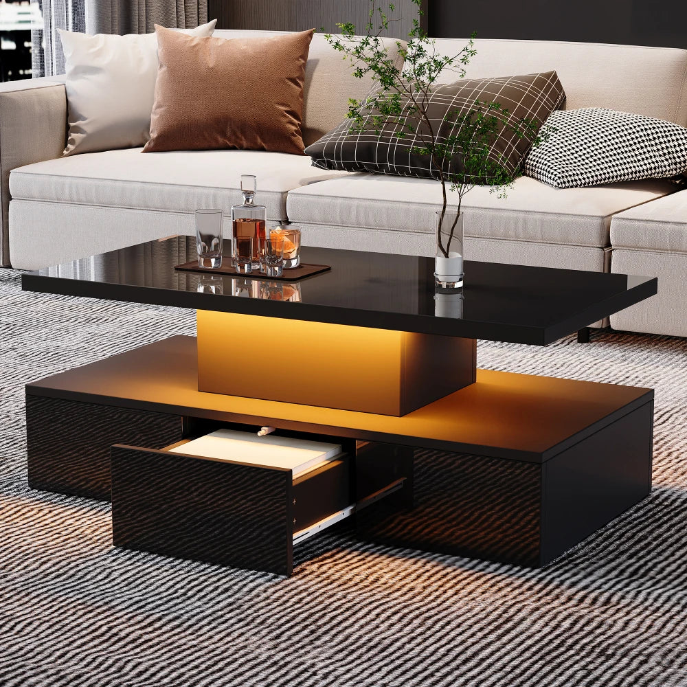 Table basse noire double plateau, LED 16 couleurs