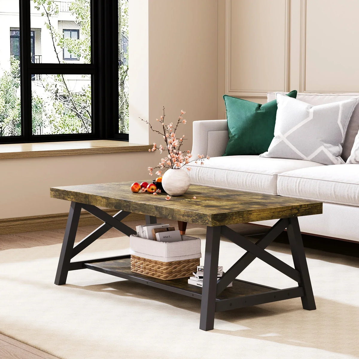 Table basse rectangulaire en bois et métal vintage avec rangement