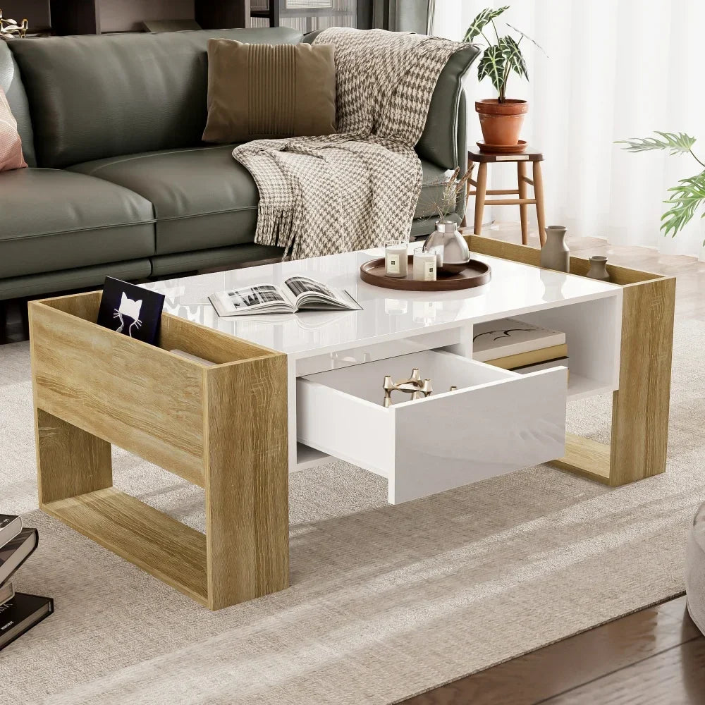 Table basse blanche et bois 105 cm, tiroir et niches