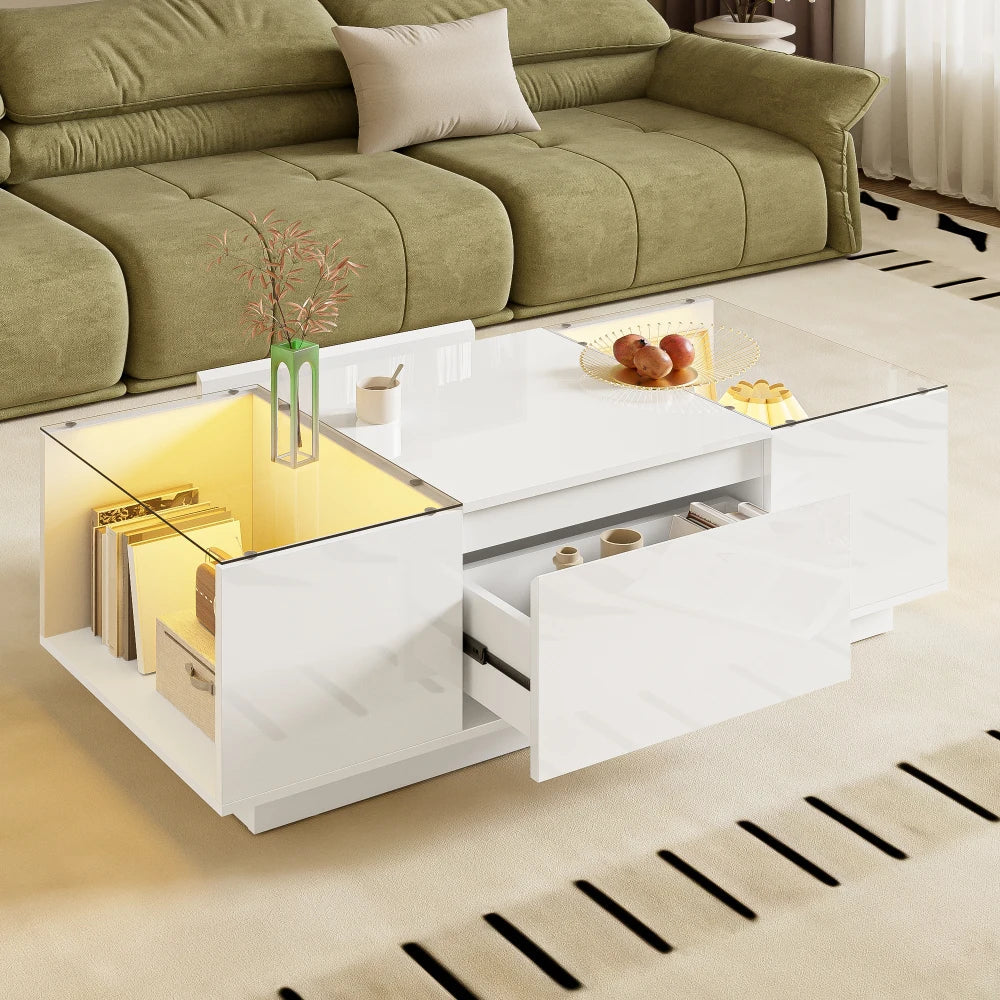 Table basse moderne en verre avec LED et rangements