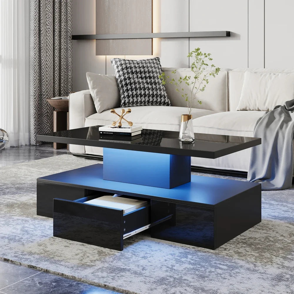 Table basse noire double plateau, LED 16 couleurs