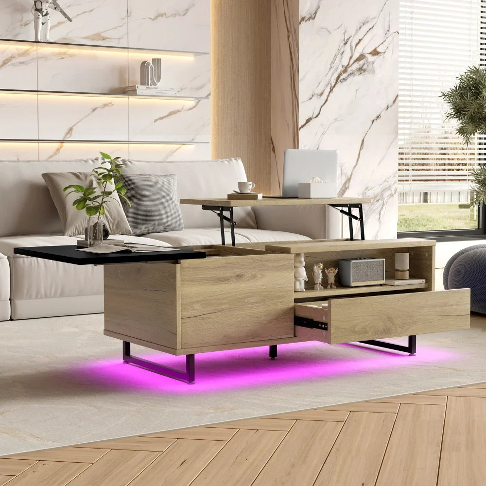 Table basse relevable en bois et métal avec LED